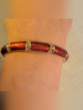 Gold-Tone Red Glitter Enamel Hinged Bangle Bracelet with Crystal Accents